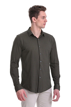 Yeşil Slim Fit Baskılı 100% Pamuklu Slim Yaka Uzun Kollu Baskılı Casual Gömlek | S