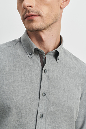 Erkek Açık Gri Slim Fit Dar Kesim Düğmeli Yaka Flanel Oduncu Gömlek