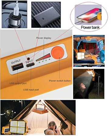  Cata CT-4698 Güneş Enerjili Solar 200W Watt LED Kamp Projektör Taşınabilir Sarı Beyaz ve Çakar Işık Lamba 