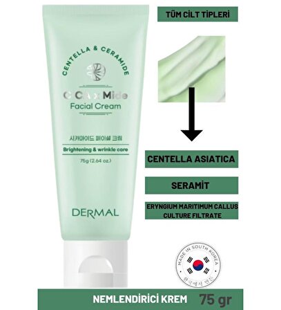 Dermal Cica x Mide Facial Cream Centella Asiatica ve Seramid Özlü Aydınlatıcı ve Kırışıklık Bakımı Yüz Kremi 75 g
