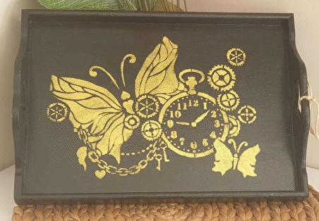 Siyah Gold Kelebek Stencil Baskılı Ahşap Tepsi