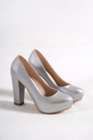 Kadın Gümüş Dekolte Topuklu Platform Ayakkabı