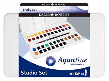 Daler Rowney Aquafine Sulu Boya Studio Set Fırça Hediyeli Plastik Kutu 48'li