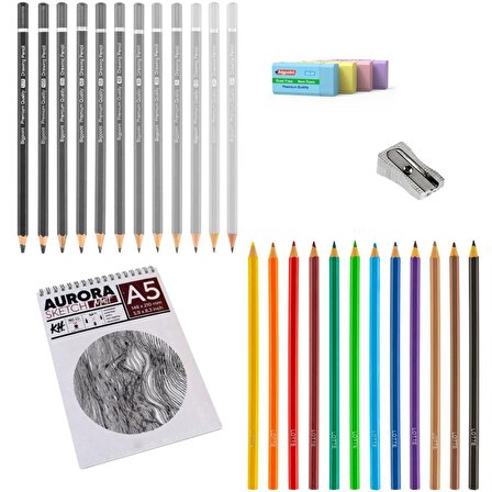 Art Tone Kuru Boya Kalemi Çizim Eskiz Seti 12 Renk + Dereceli Kalem 12'li + Kalemtraş + Renkli Silgi 4'lü