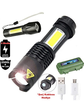 Yeni Model 2500 Lumens + 5W COB LED USB Lion Şarjlı Ultra Güçlü Q5 XPE Su Geçirmez Şarjlı El Feneri