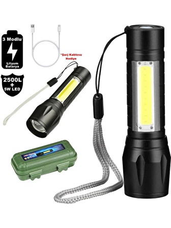 Yeni Model 2500 Lumens + 5W COB LED USB Lion Şarjlı Ultra Güçlü Q5 XPE Su Geçirmez Şarjlı El Feneri