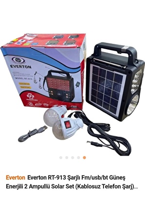 Rt-913 Şarjlı Fm/usb/bt Güneş Enerjili 2 Ampullü Solar Set (KABLOSUZ TELEFON ŞARJ)