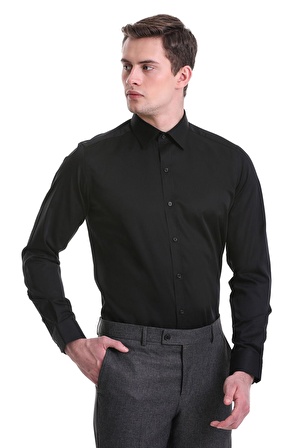 Siyah Slim Fit Düz 100% Pamuklu Slim Yaka Uzun Kollu Casual Saten Gömlek | S
