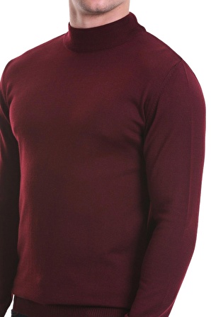 Bordo Regular Fit Düz Yarım Balıkçı Yaka Yünlü Triko Kazak | 3XL