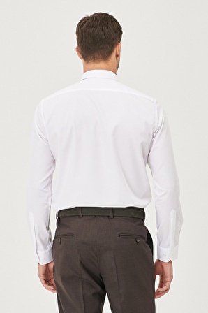 Erkek Beyaz Ütü Gerektirmeyen Non-iron Slim Fit Dar Kesim %100 Pamuk Armürlü Gömlek