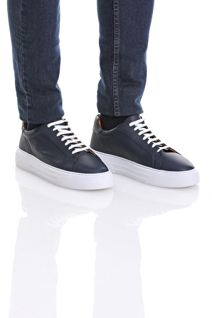 Lacivert Casual Bağcıklı Deri Sneakers | 42