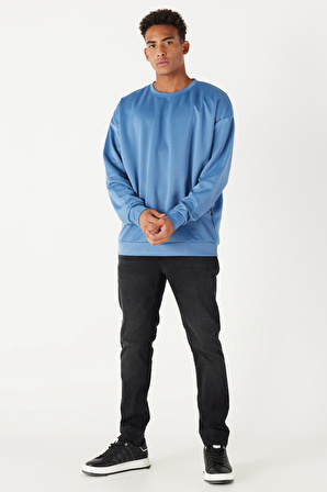 Erkek Indigo Oversize Bol Kesim Bisiklet Yaka Düz Sweatshirt