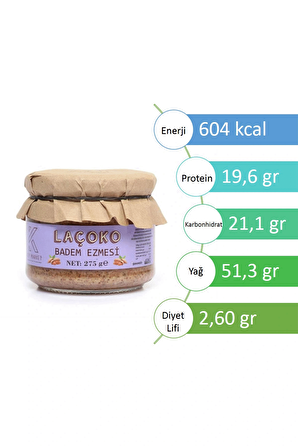 LAÇOKO 275 Gram Şekersiz, Katkısız, Glutensiz, Vegan, Doğal Badem Ezmesi (275 Gram)