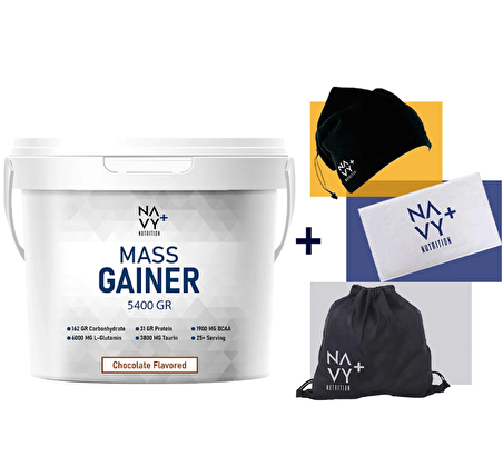 Navy Plus Nutrition 5400 Gr Mass Gainer Çikolata Aromalı + Askılı Çanta + Boyunluk Bere + Antrenman Havlusu