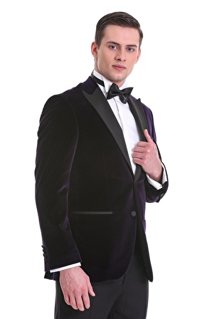 Mor Slim Fit Düz Sivri Yaka Kadife Klasik Smokin Damatlık | 50
