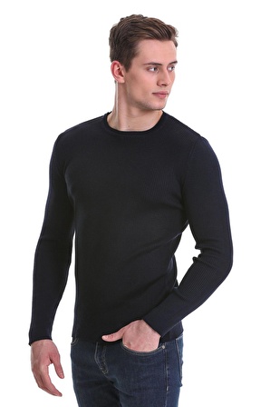 Lacivert Slim Fit Fitilli Bisiklet Yaka Yünlü Triko Kazak | S