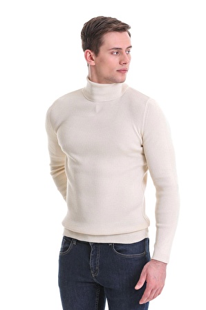 Bej Slim Fit Fitilli Balıkçı Yaka Yünlü Triko Kazak | XXL