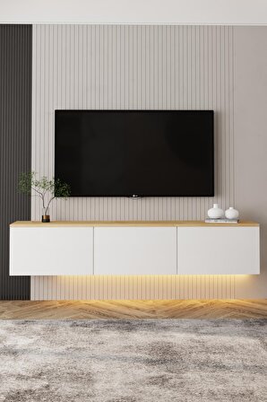 Neon Işıklı Duvara Monte Tv Ünitesi Beyaz - Safir Meşe