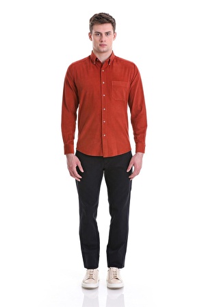 Kiremit Slim Fit Düz 100% Pamuklu Düğmeli Yaka Uzun Kollu Klasik Gömlek | S