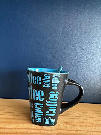 Mavi Coffee Baskılı Kaşık Hediyeli Kupa Bardak