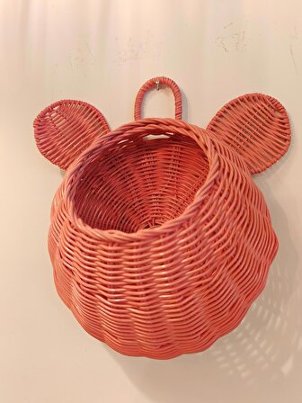 Bambu Rattan Kulaklı Yan Sepet Pembe