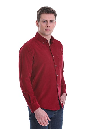 Bordo Slim Fit Düz 100% Pamuklu Düğmeli Yaka Uzun Kollu Klasik Gömlek | XS