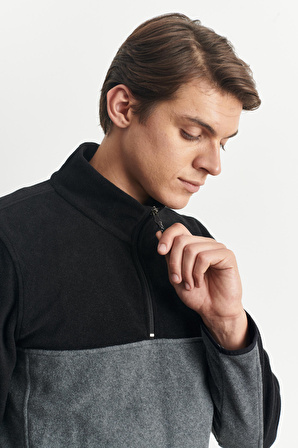 Erkek Siyah-Açık Melanj Anti-Pilling Tüylenme Yapmayan Standart Fit Dik Yaka Polar Sweatshirt