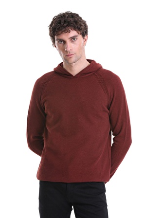 Kiremit Regular Fit Jakarlı Kapüşonlu Triko Kazak | XL
