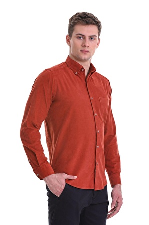Kiremit Slim Fit Düz 100% Pamuklu Düğmeli Yaka Uzun Kollu Klasik Gömlek | S