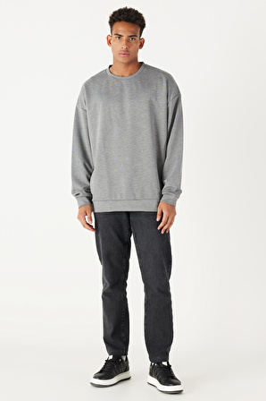 Erkek Gri Melanj Oversize Bol Kesim Bisiklet Yaka Düz Sweatshirt