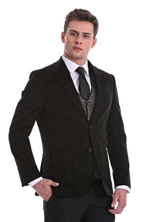 Siyah Slim Fit Düz Mono Yaka Pamuklu Kadife Ceket | 52