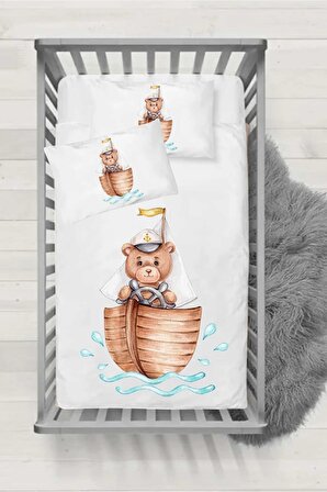 Ranforce Kaptan Ayıcık Desenli Bebek Lastikli Çarşaf (60x120 / 15) 2'li Yastık Kılıfı