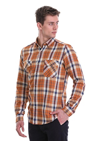 Turuncu Slim Fit Kareli 100% Pamuklu Düğmeli Yaka Uzun Kollu Casual Gömlek | XL