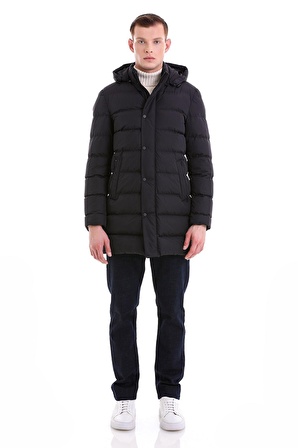 Lacivert Slim Fit Hakim Yaka Kapüşonlu Basic Kaban | XXL