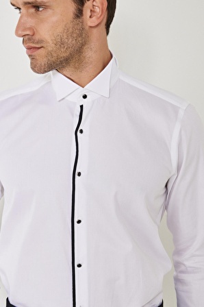 Erkek Beyaz-siyah Slim Fit Dar Kesim %100 Pamuk Ata Yaka Gömlek