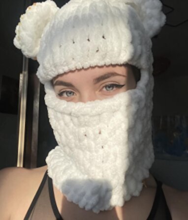Şık Beyaz Puffy Kar Maskesi, Yumuşacık, Bere ve Boyunluk Tasarım, Şapka, Kış, Bere,Balaclava