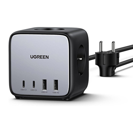 Ugreen DigiNest Cube 65W GaN 2 Hızlı Şarj Cihazı 2*USB / 2*Type-C 3 lü Akım Korumalı Küp Grup Priz