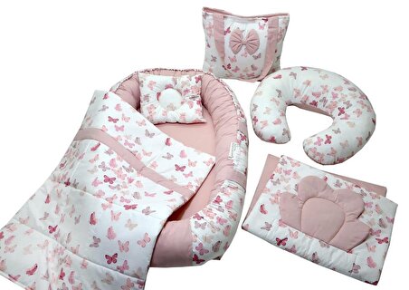 Berababy Babynest Emzirme Yastıklı Pudra Kelebek Tasarım Bebek Yuvası 6 Parça Set