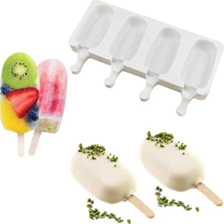 Dondurma Kalıbı Ve 20 Adet Ahşap Çubuk 4'lü Pratik Magnum Silikon Dondurma Kalıbı