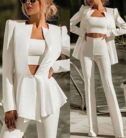 Dalgıç Kumaş Beyaz İçi Astarlı Büstiyer Ceket Pantolon Üçlü Klasik Takım Elbise