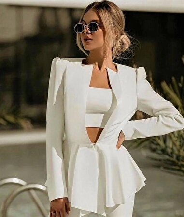 Dalgıç Kumaş Beyaz İçi Astarlı Büstiyer Ceket Pantolon Üçlü Klasik Takım Elbise
