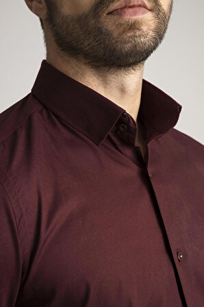 Erkek Bordo Pamuk Saten Kolay Ütülenebilir Casual Cepsiz Modern Fit Gömlek