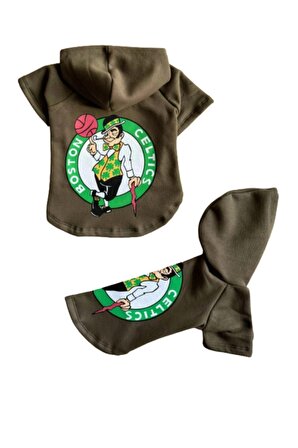 Kedi Köpek Kıyafeti Sweatshirt - Boston Celtics Baskılı Haki Yeşili Sweatshirt