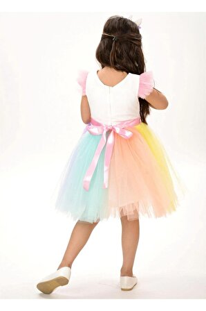  Unicorn Taçlı Rengarenk Kız Çocuk Parti Elbisesi