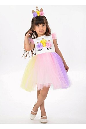  Unicorn Taçlı Rengarenk Kız Çocuk Parti Elbisesi