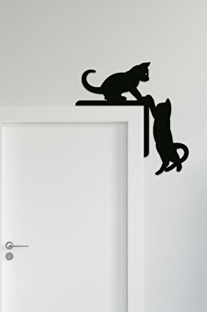 Eğlenceli Kedi Sağ Kapı Lazer Kesim Siyah Duvar Dekorasyon Ürünü