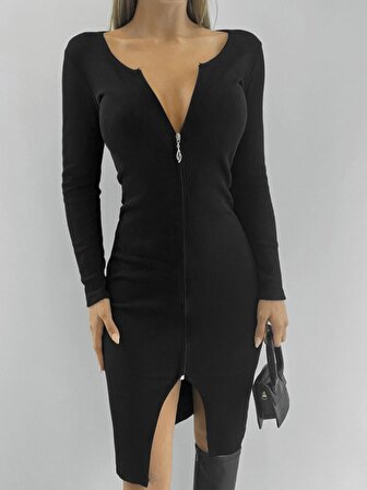 Kadın Siyah Uzun Kollu V Yakalı Fermuarlı Yırtmaçlı Kaşkorse Midi Elbise