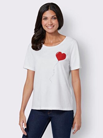 Kadın Beyaz Lovely Kalp Baskılı Pamuk Regular/Normal Kalıp Kısa Kollu Basic Bisiklet Yaka T-Shirt