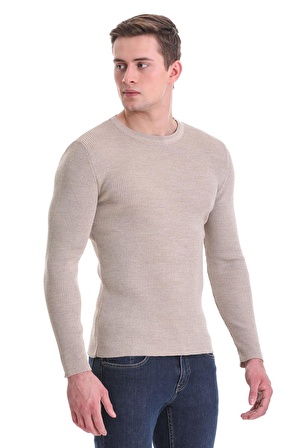 Bej Slim Fit Fitilli Bisiklet Yaka Yünlü Triko Kazak | L