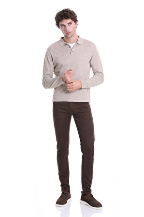 Bej Regular Fit Düz Polo Yaka Triko Kazak | M